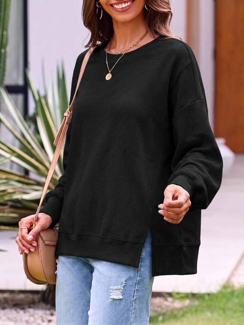 Women's Black Fall Oversized Sweatshirt Casual Waffle Knit Long Tunic Tops - Picture 3 of 5